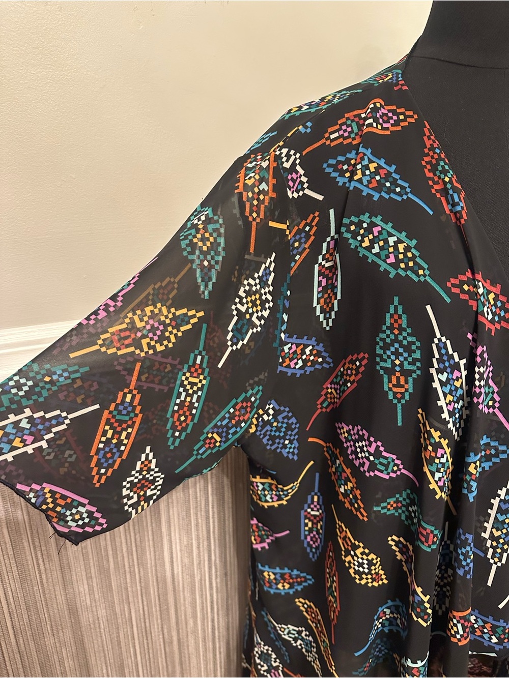 Boho Sheer Feather Print Kimono Duster Medium High Low Festival Cardigan Black - Picture 3 of 7